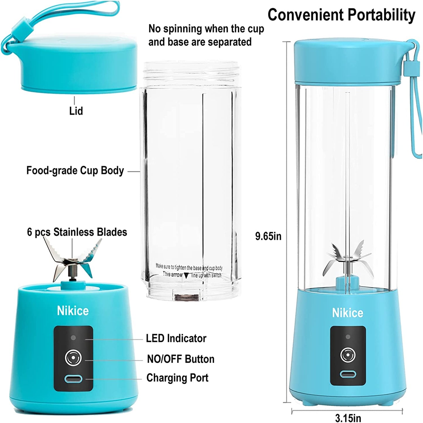 Personal Blender and Juicer Cup - Portable Smoothie and Shake Maker, Handheld Fruit Blender - Blue
