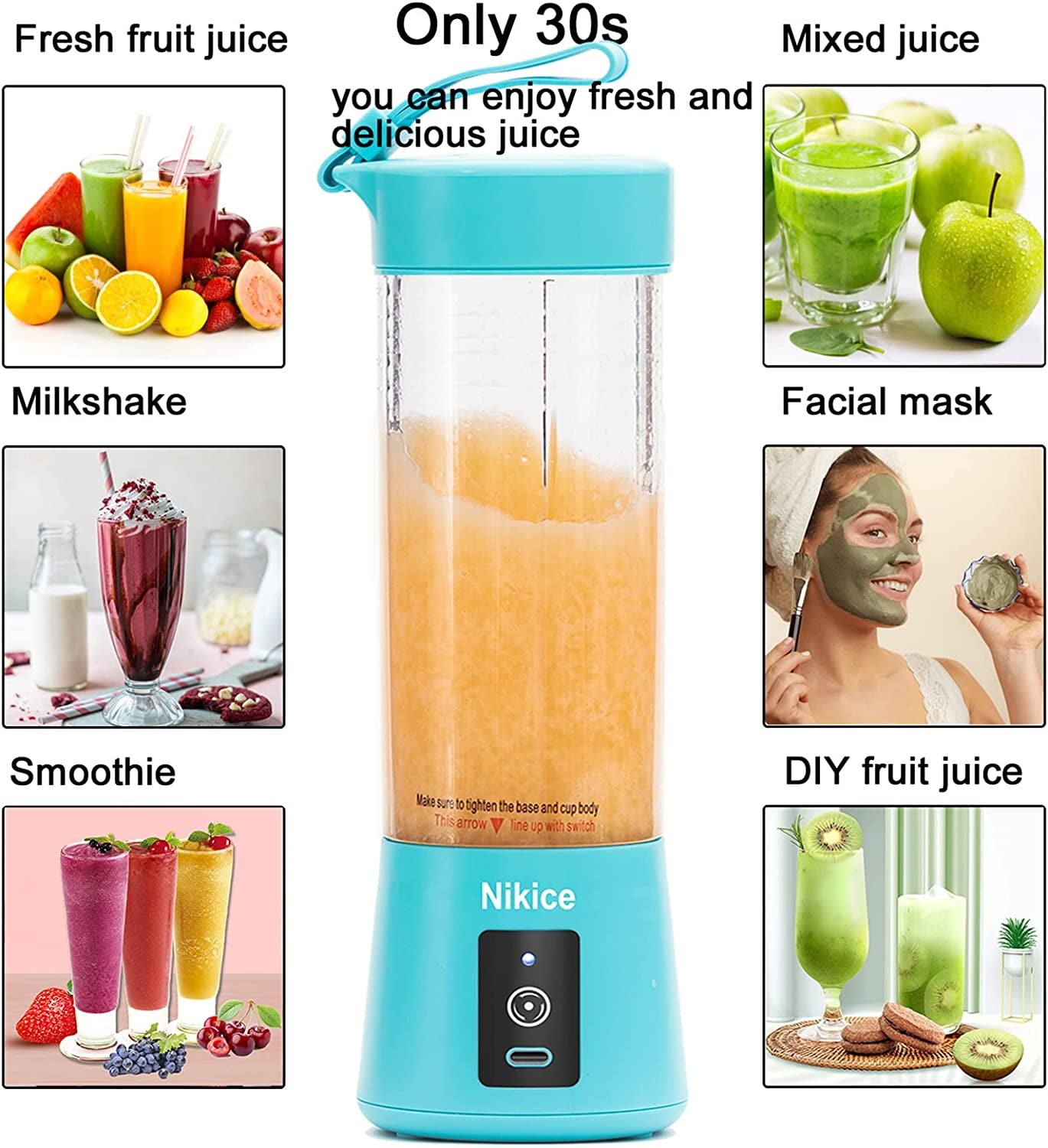Personal Blender and Juicer Cup - Portable Smoothie and Shake Maker, Handheld Fruit Blender - Blue